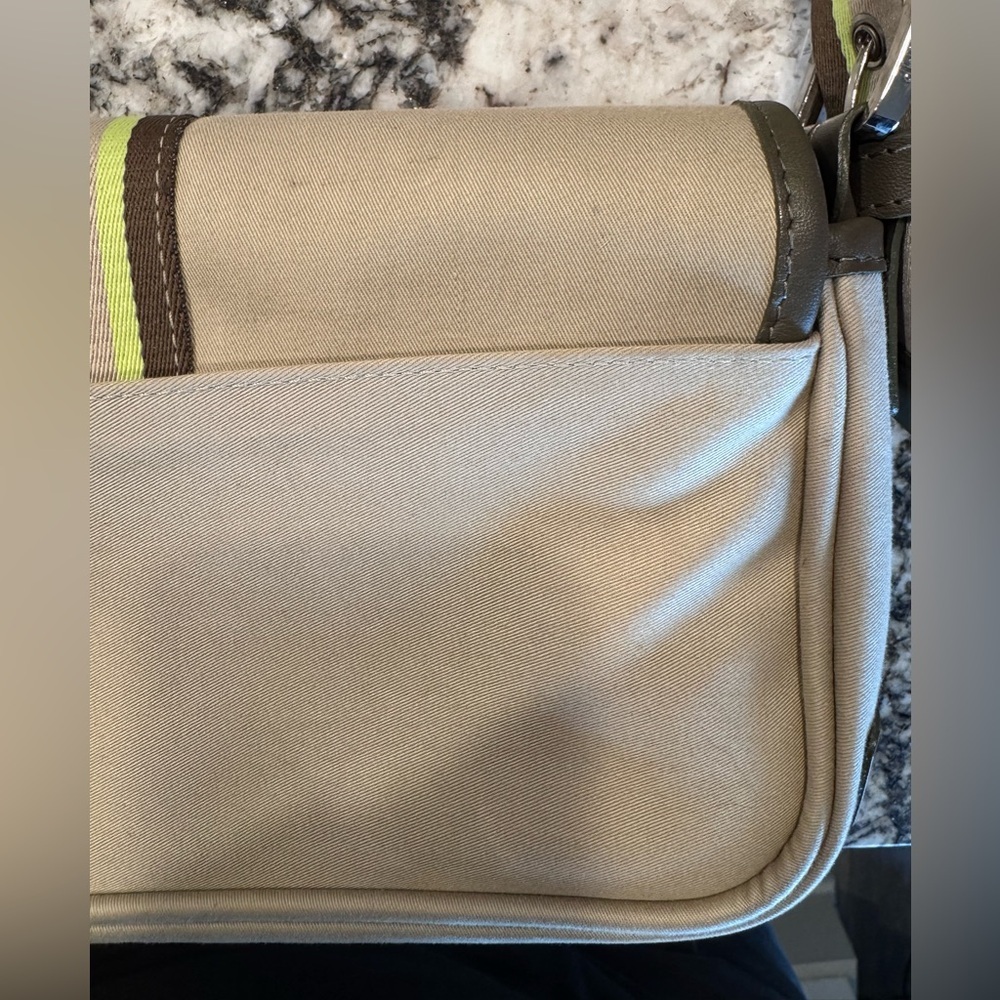 Vintage Longchamp Beige Olive Stripe Shoulder Bag Y2K Baguette France - Picture 9 of 12